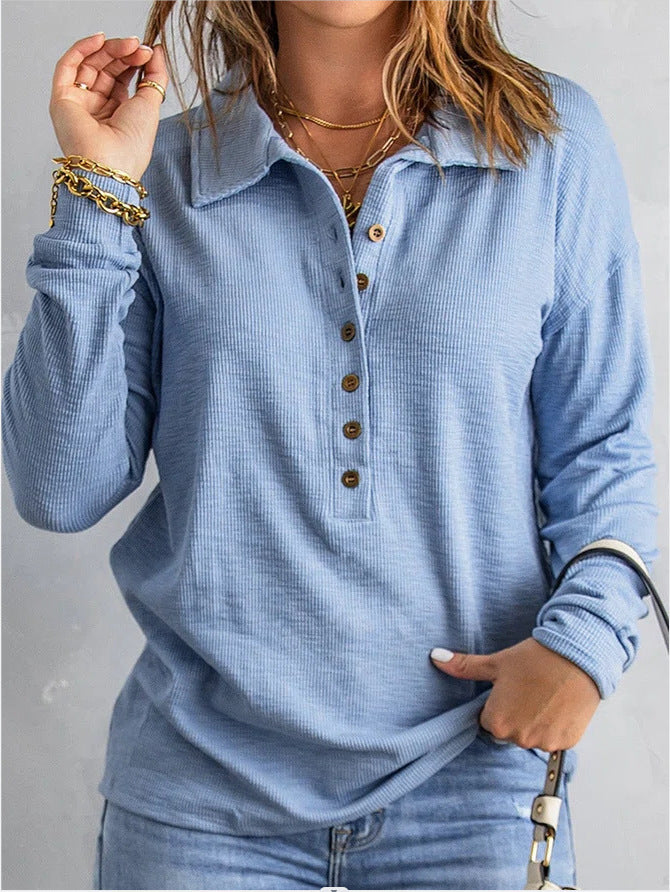 Damen Langarm-Waffelshirt mit Hemdkragen und Knopfleiste Drune
