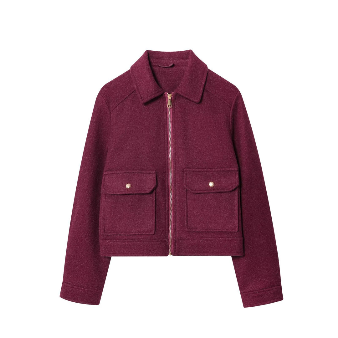 Damen Kurze Wollimitat-Fieldjacke mit durchgehendem Reißverschluss und vier aufgesetzten Pattentaschen Drune
