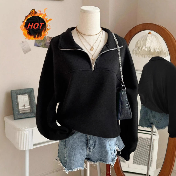 Damen nan Oversize Sweatshirt mit halbem Reißverschluss, Stehkragen und Ballonärmeln Drune