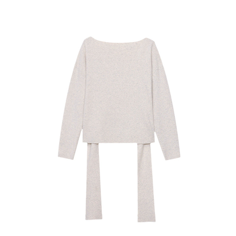 Damen eleganter Wollpullover mit modischem Bindegürtel Drune