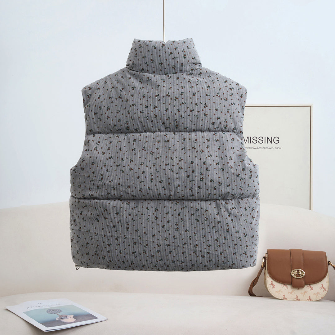 Damen nan gesteppte Cord‑Optik Isolationsweste mit floralem Microprint, hohem Schalkragen und diagonalen Reißverschlusstaschen Drune