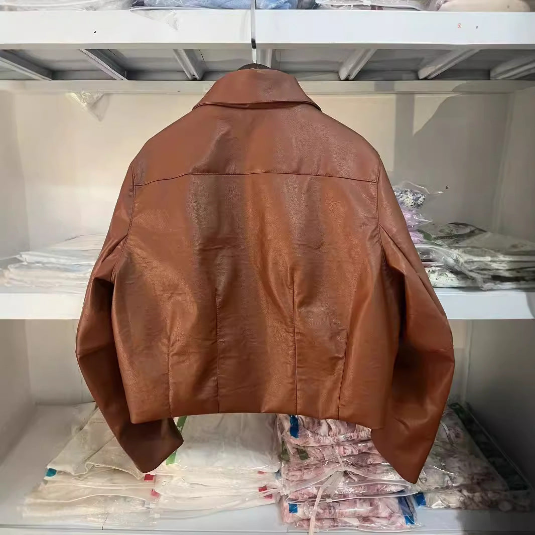 Damen nan taillierte Kunstlederjacke im Blousonstil mit Hemdkragen Drune