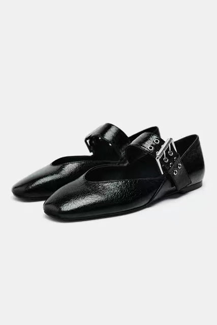 Damen Flache Riemchen‑Ballerinas mit breitem dekorativem Schnallenriemen und Leopardenmuster Drune