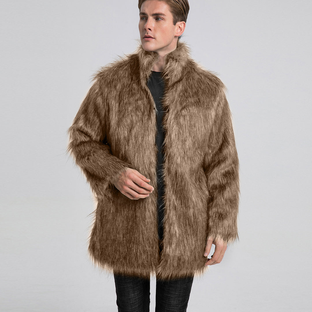 Herren Eleganter Kunstfell-Mantel mit weitem Kragen Drune