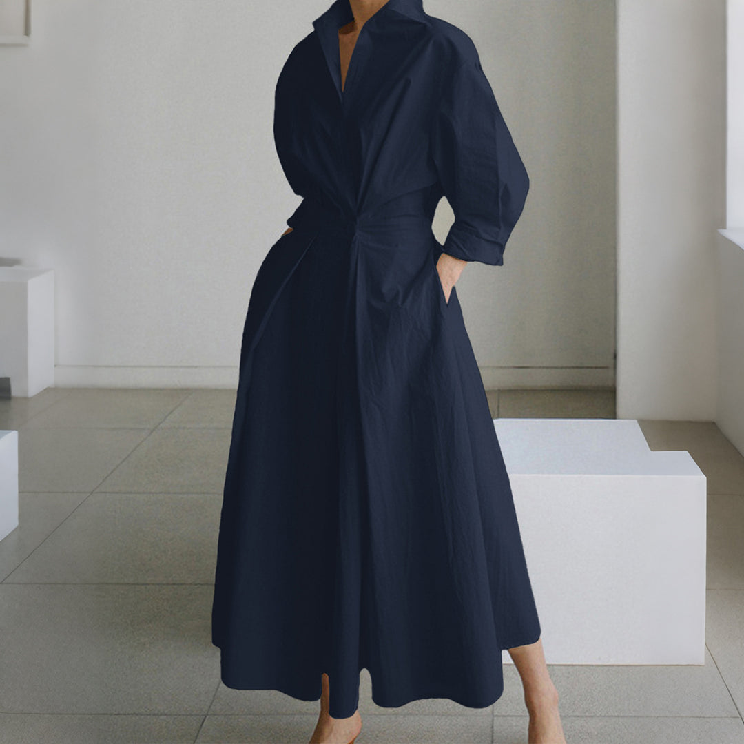 Damen nan tailliertes Hemdblusenkleid mit kastigem Kragen, mittellangen Ärmeln, Seitentaschen und ausgestelltem Tellerrock Drune