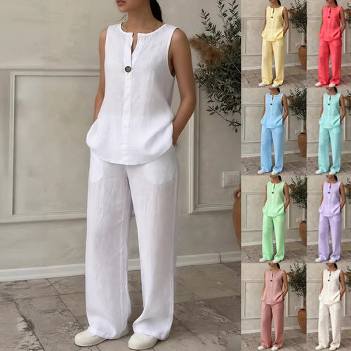 Damen Leinen Set mit elegantem Knopfdetail Drune