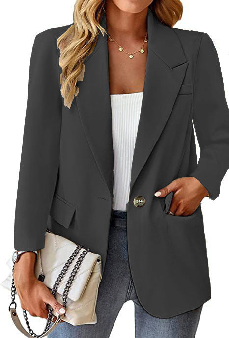 Damen Longline-Blazer im Oversize-Stil mit markantem Revers, Metallknopf und Pattentaschen Drune