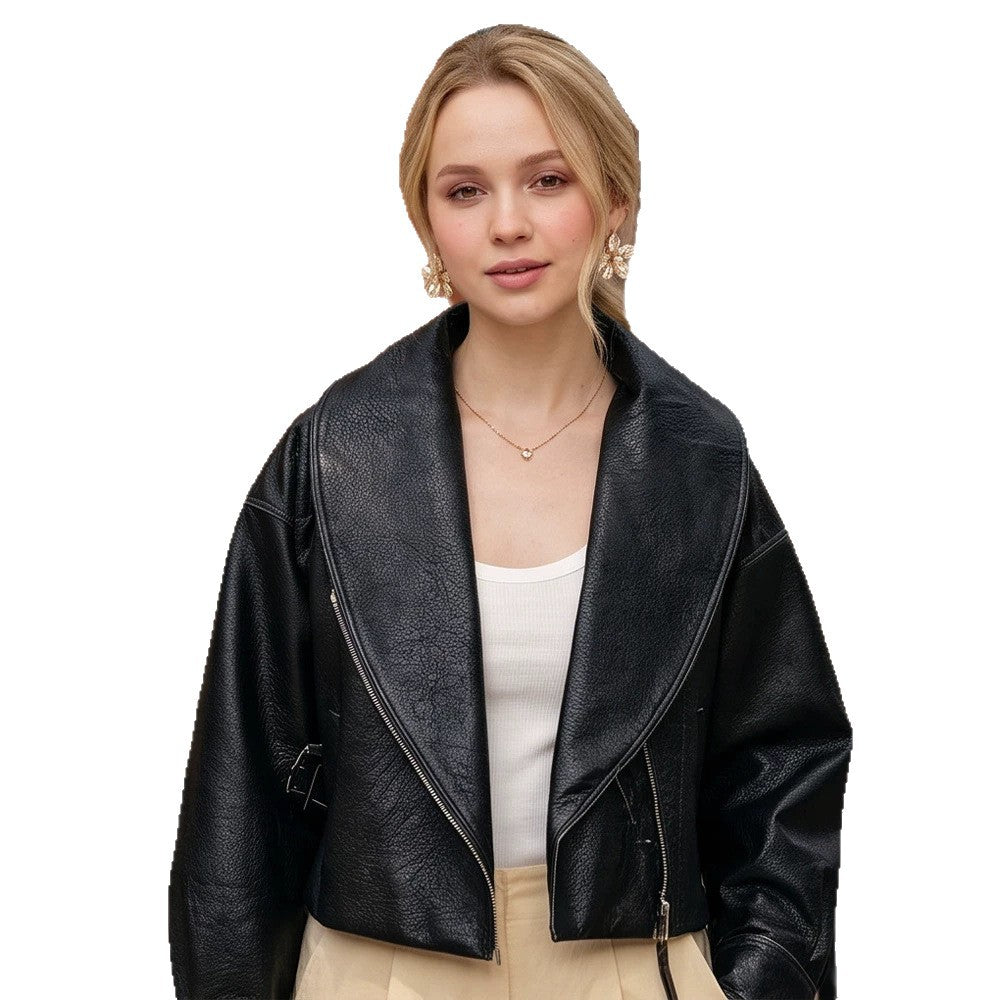 Damen Cropped-Bikerjacke aus Kunstleder mit weitem Schalkragen und asymmetrischem Reißverschluss Drune
