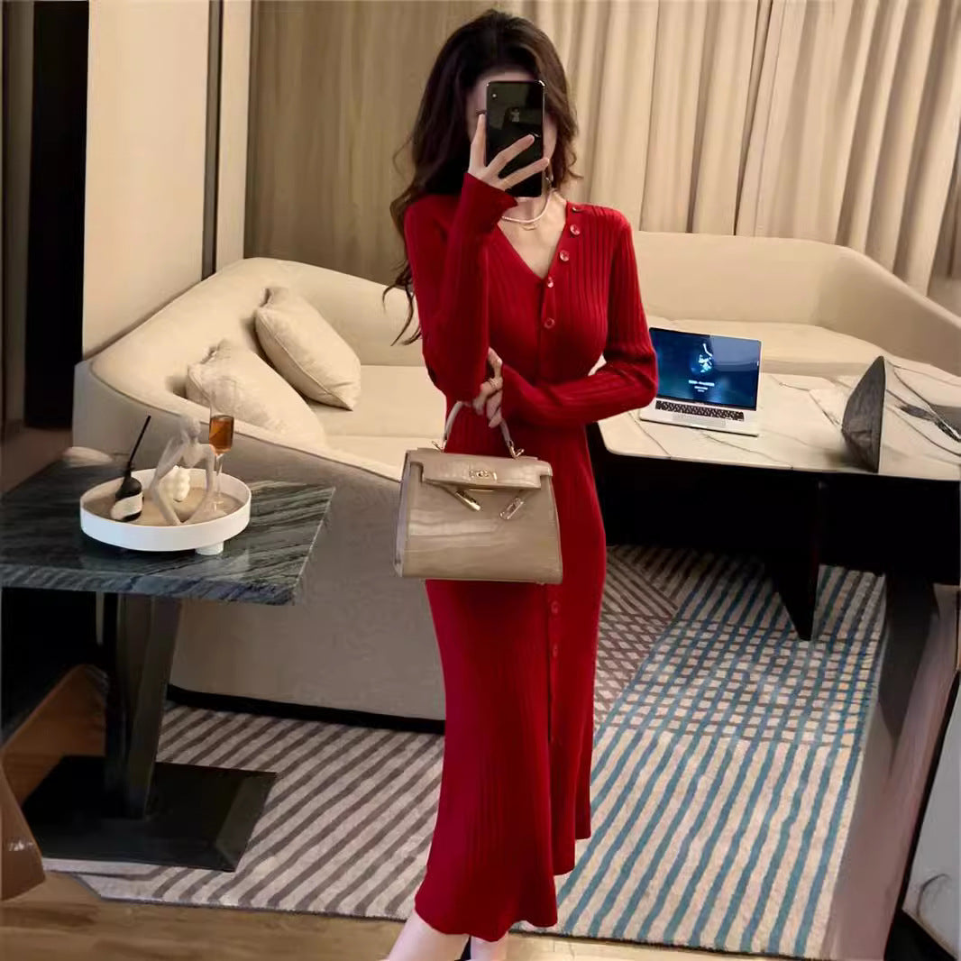 Damen lässiges Midi-Kleid aus feinem Rippstrick mit Knopfleiste Drune