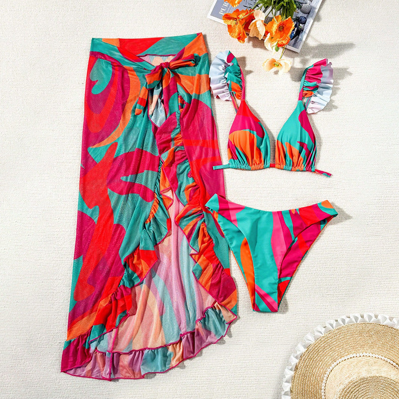 Damen Bikiniset mit fließendem Rüschensarong und farbenfrohen Akzenten Drune