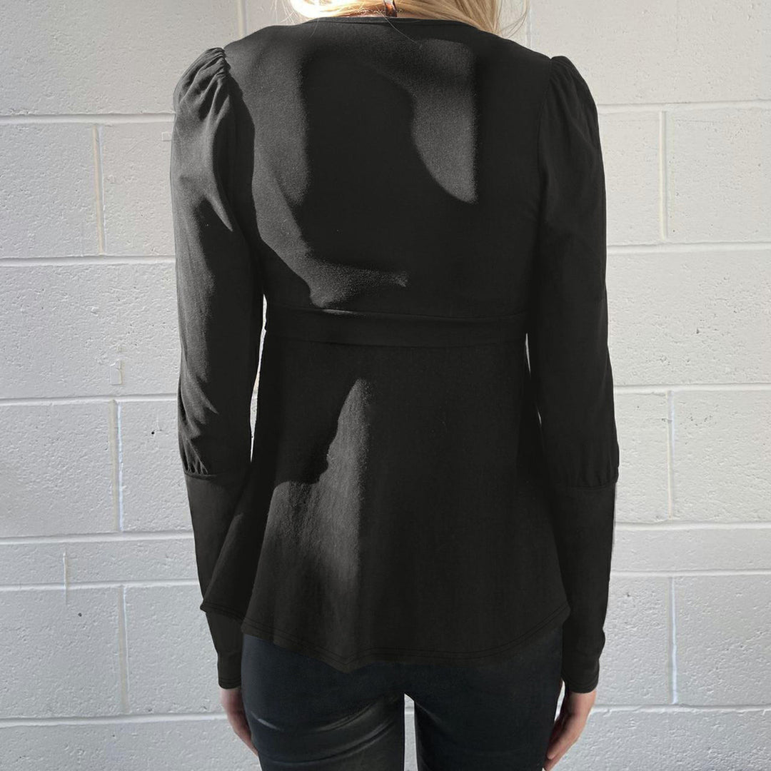 Damen Tailliertes Peplum-Top mit V-Ausschnitt, Knotendetail und Puffärmeln Drune