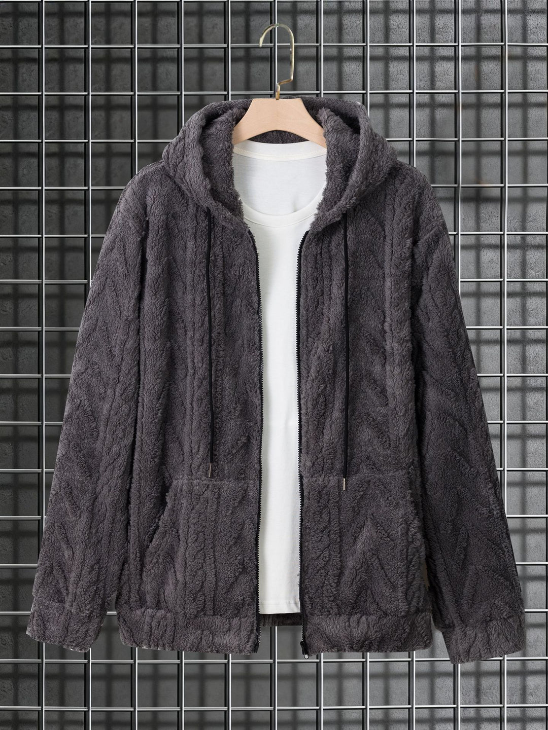 Herren kuschelige Kapuzenjacke aus Teddyfleece mit durchgehendem Reißverschluss und Kängurutaschen Drune