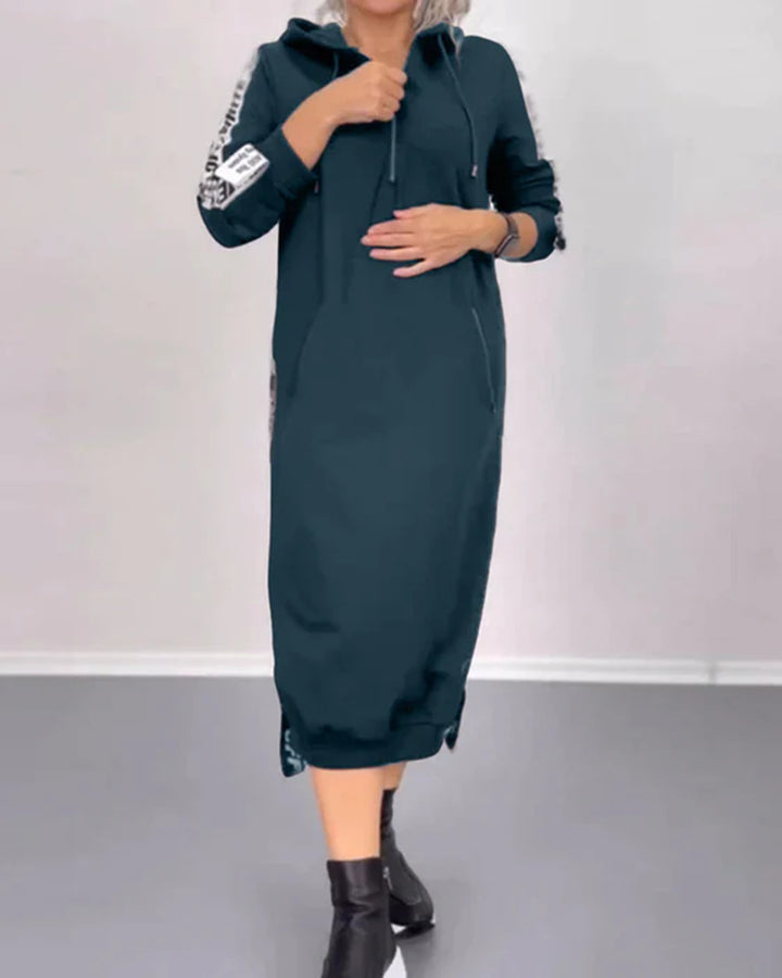 Damen nan knöchellanges Kapuzen-Sweatkleid mit Halbzip, Kängurutaschen und seitlicher Zierpaspel Drune
