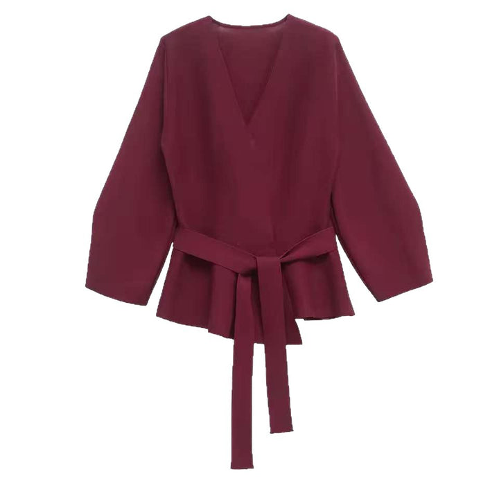 Damen Taillierte Bluse mit Wickelgürtel und Schößchen Drune