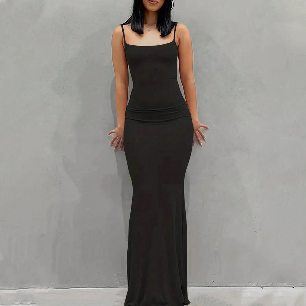 Damen elegantes Maxikleid mit schmalen Spaghettiträgern und fließendem Schnitt Drune
