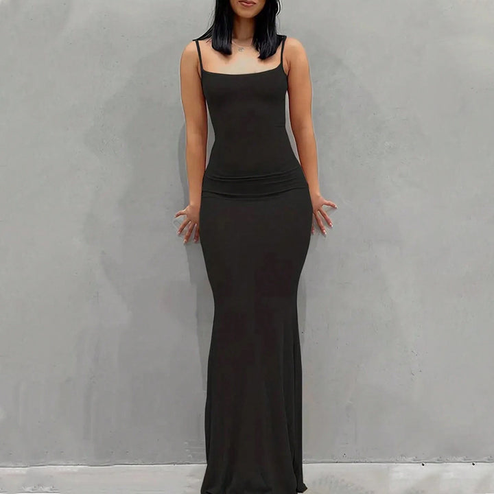 Damen elegantes Maxikleid mit schmalen Spaghettiträgern und fließendem Schnitt Drune