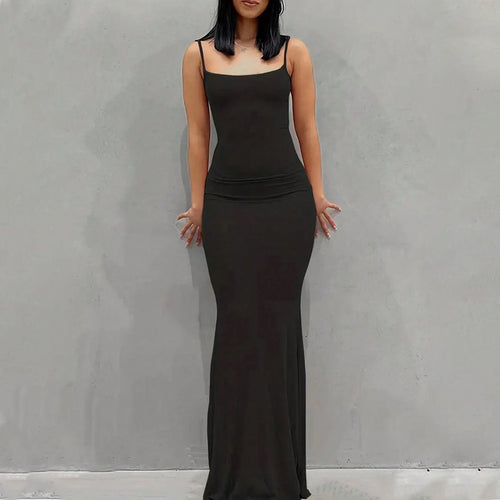 Damen elegantes Maxikleid mit schmalen Spaghettiträgern und fließendem Schnitt Drune