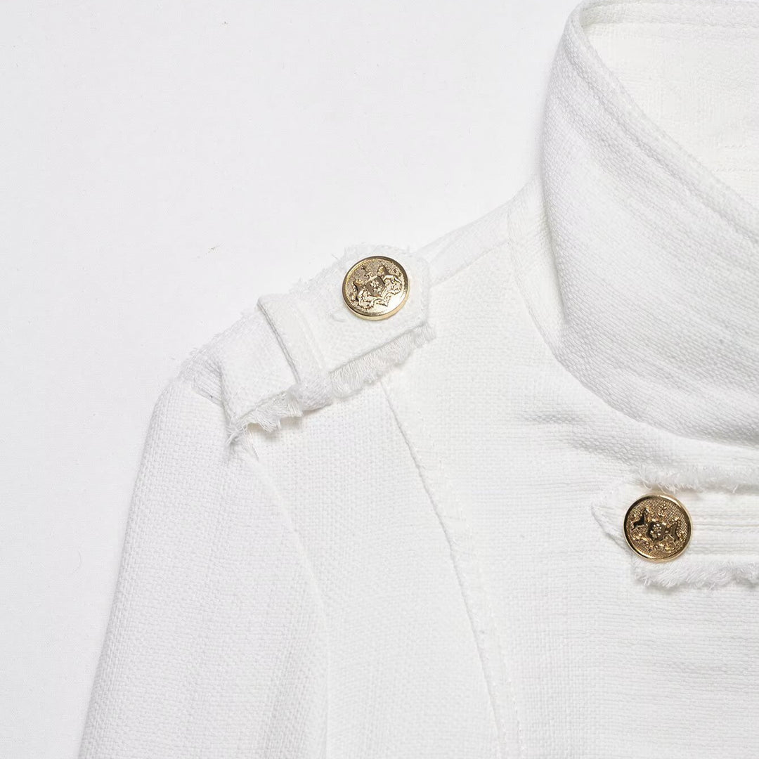Damen Kurzjacke im Military‑Stil aus Bouclé mit Stehkragen und Zierknopfleiste Drune