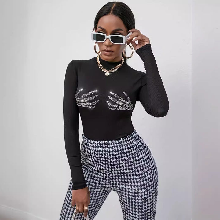 Damen nan figurbetontes transparentes Netz-Langarmshirt mit hohem Kragen und Strass-Skelettmotiv Drune