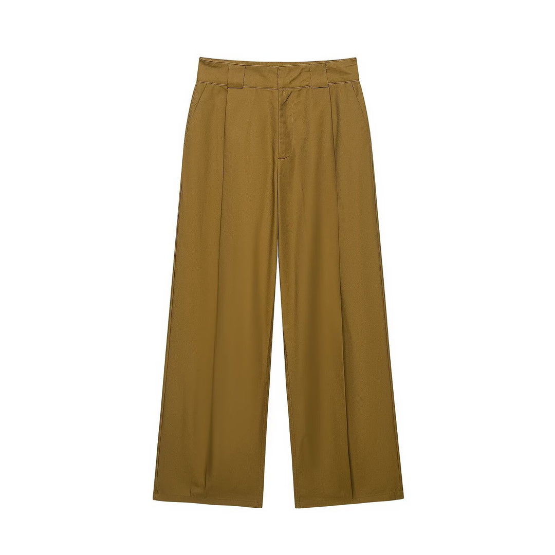 Damen Hochtaillierte weite Bundfaltenhose mit geradem Bein und Eingrifftaschen Drune