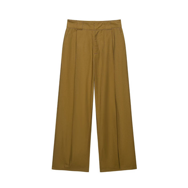 Damen Hochtaillierte weite Bundfaltenhose mit geradem Bein und Eingrifftaschen Drune
