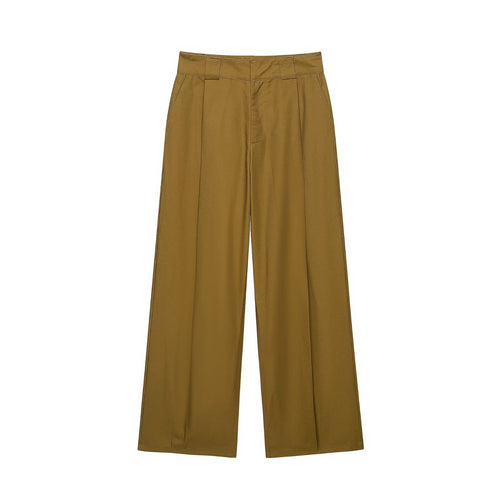 Damen Hochtaillierte weite Bundfaltenhose mit geradem Bein und Eingrifftaschen Drune