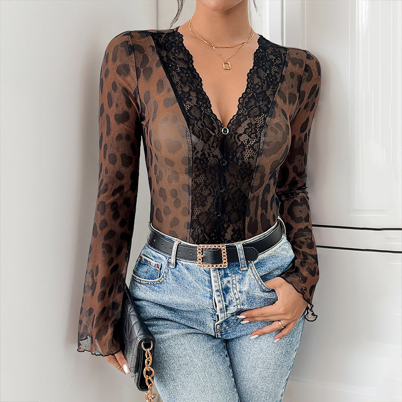 Damen Transparenter Mesh-Body mit Spitzenblende, V-Ausschnitt und Leoprint Drune