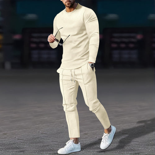Herren nan modernes Lounge-Set aus feinem Stretchjersey mit Rundhals-Longsleeve und tapered Cargo-Jogger Drune