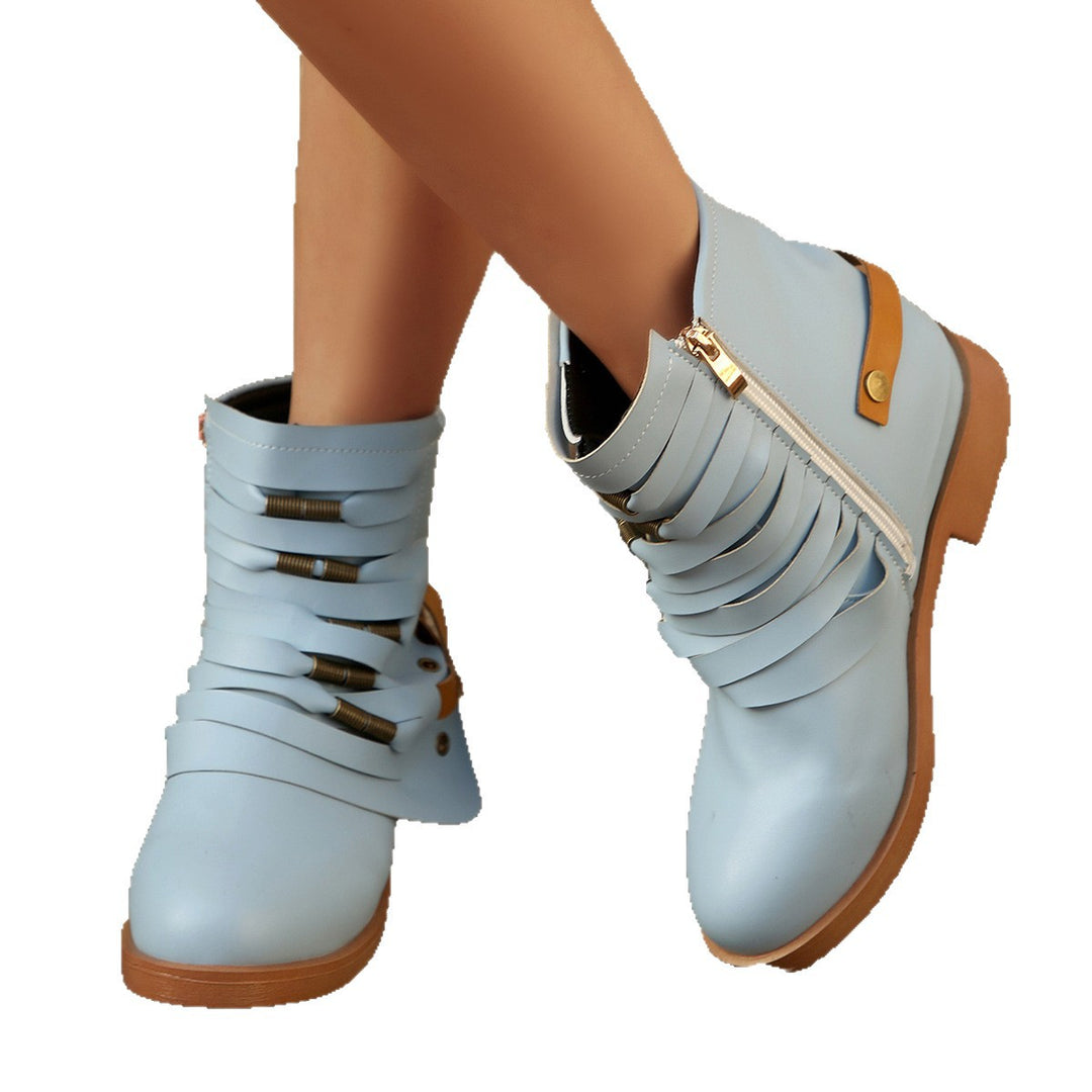 Damen Fransen-Ankle-Boots mit geschichteten Riemen und seitlichem Reißverschluss Drune