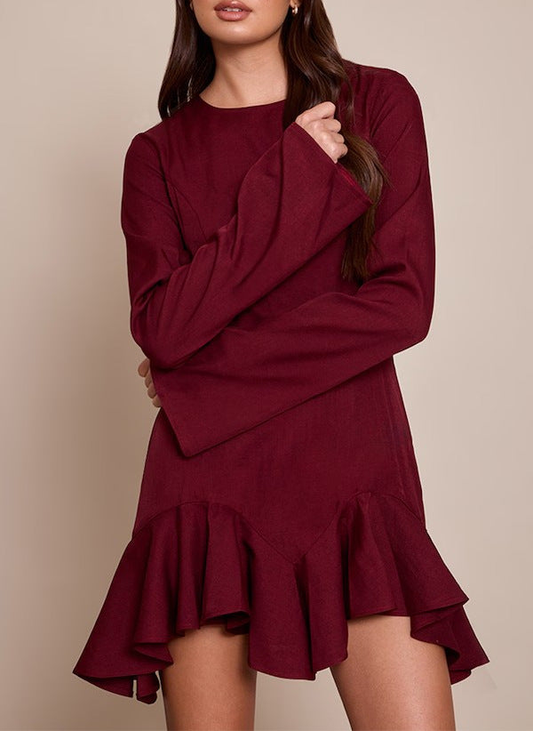 Damen Figurbetontes Langarm-Minikleid mit taillierten Nähten und Volant-Saum Drune