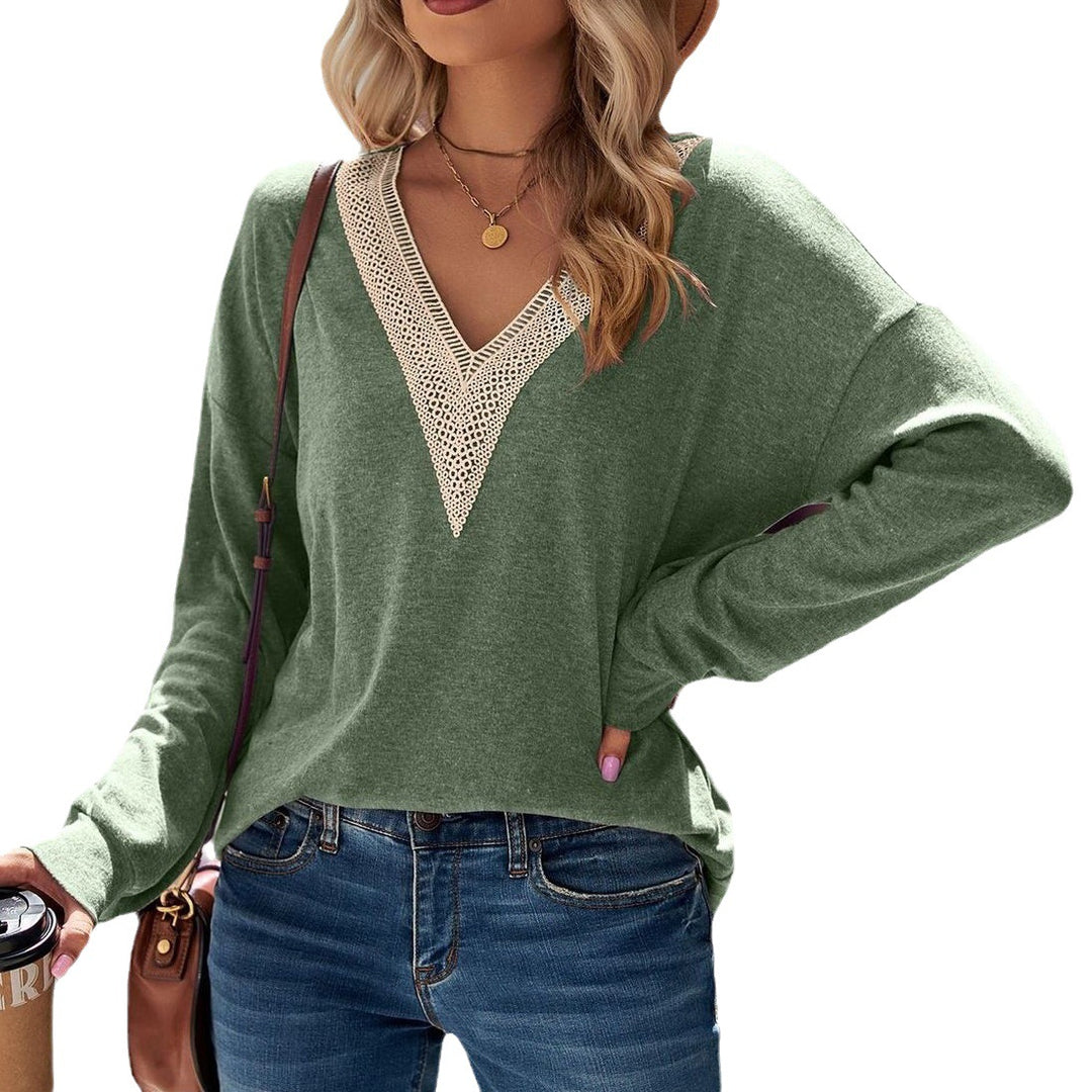 Damen V-Ausschnitt Shirt mit elegantem Häkel-Ausschnitt Drune