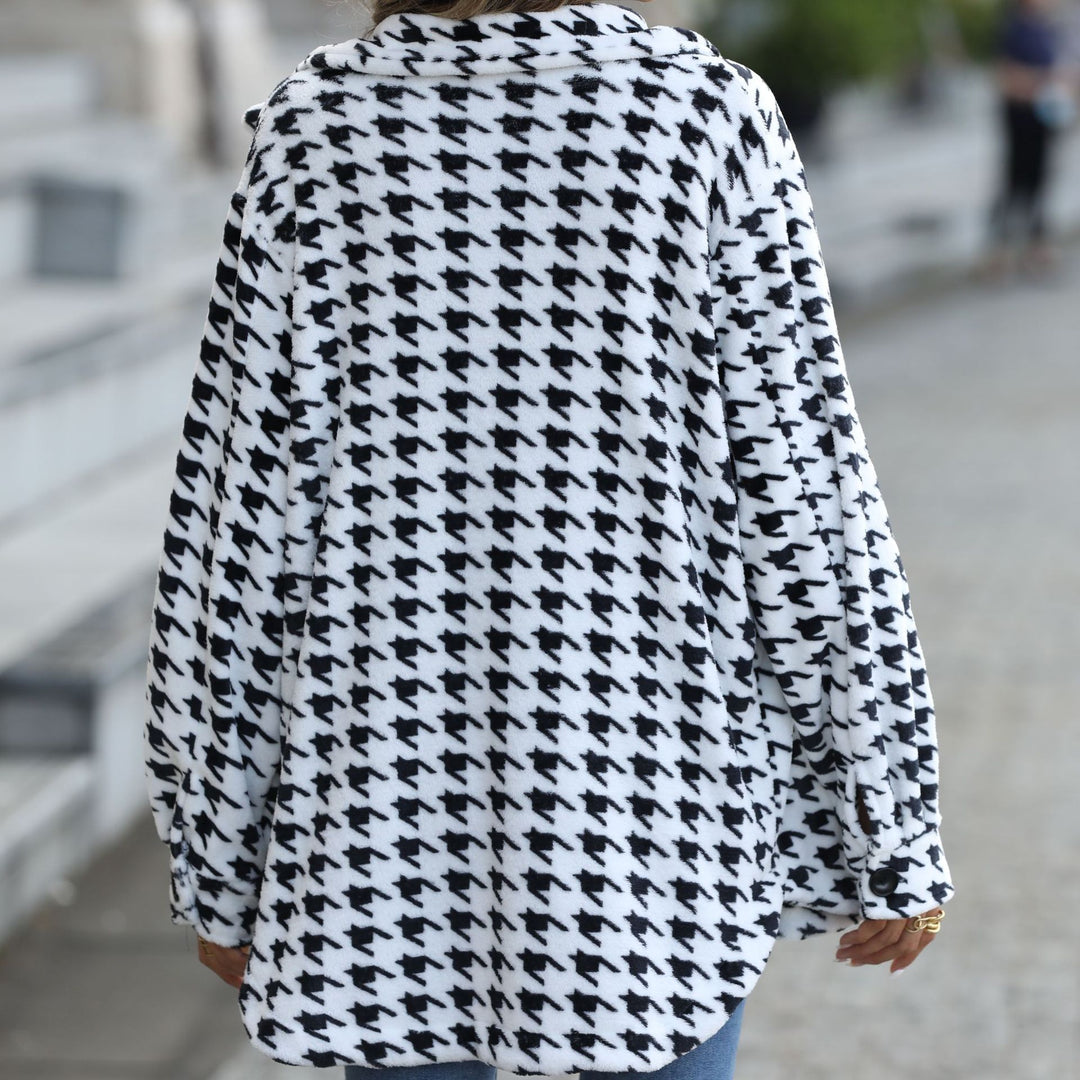 Damen Modische Plüschjacke mit Hahnentrittmuster und praktischen Taschen Drune