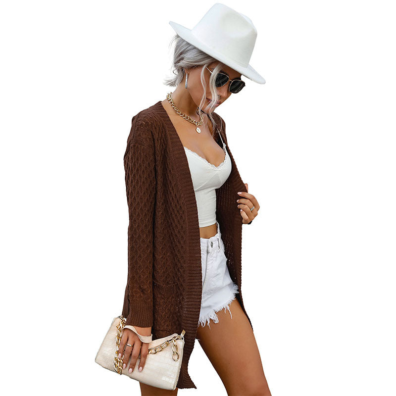 Damen Lange Strickjacke mit Zopfmuster, Offener Front und aufgesetzten Taschen Drune