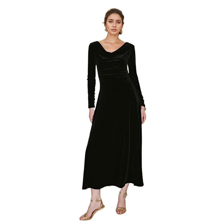 Damen elegantes Maxikleid mit schmeichelndem Cowl-Ausschnitt und langen Ärmeln Drune