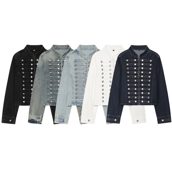 Damen Cropped Denim‑Blouson im Frackstil mit dekorativen Reihenknöpfen Drune