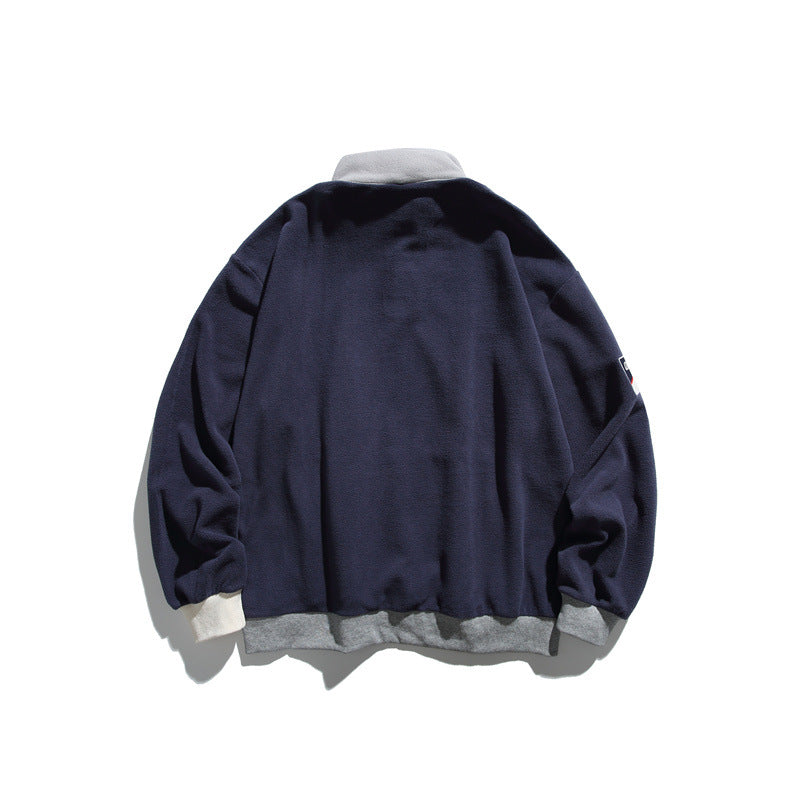 Unisex Fleece-Halbzip-Pullover mit Stehkragen, Kängurutasche und Kontrastbündchen Drune