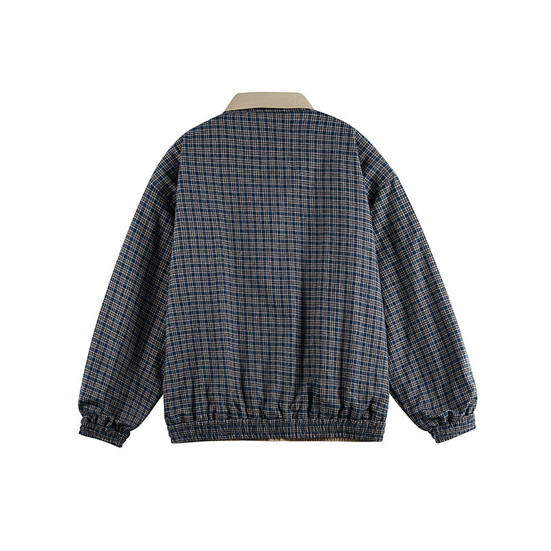Unisex Leichte Oversize-Zipjacke im Bomberstil mit kariertem Kragen und elastischen Bündchen Drune