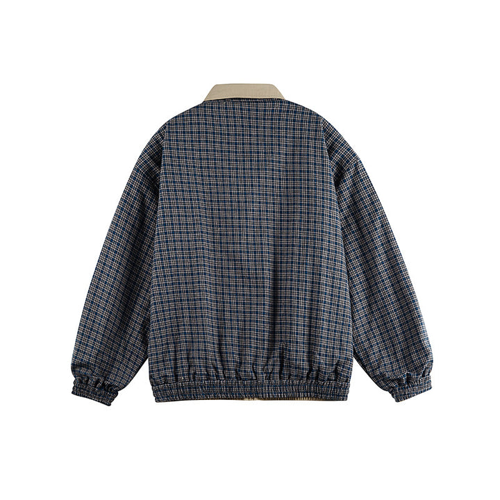 Unisex Leichte Oversize-Zipjacke im Bomberstil mit kariertem Kragen und elastischen Bündchen Drune