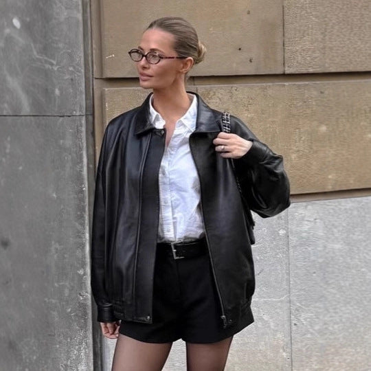 Damen Oversized Kunstlederjacke mit feinen Details und modischem Reißverschluss Drune