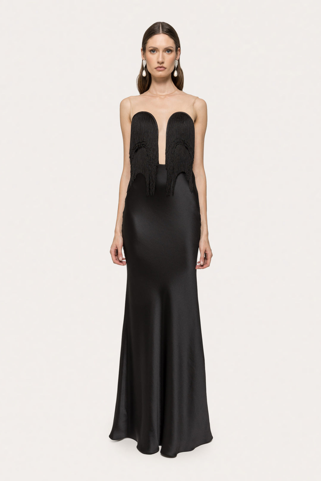 Damen Langärmliges Maxikleid mit tiefem V-Ausschnitt und fransierten Details Drune