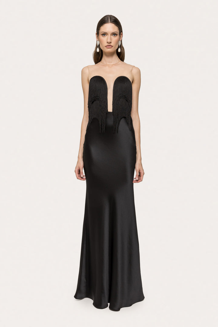 Damen Langärmliges Maxikleid mit tiefem V-Ausschnitt und fransierten Details Drune