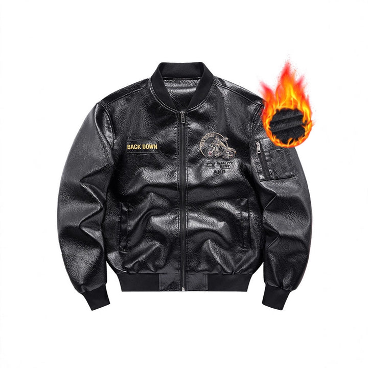 Herren Biker Lederimitat Bomberjacke mit Stickpatches und Ärmeltasche Drune