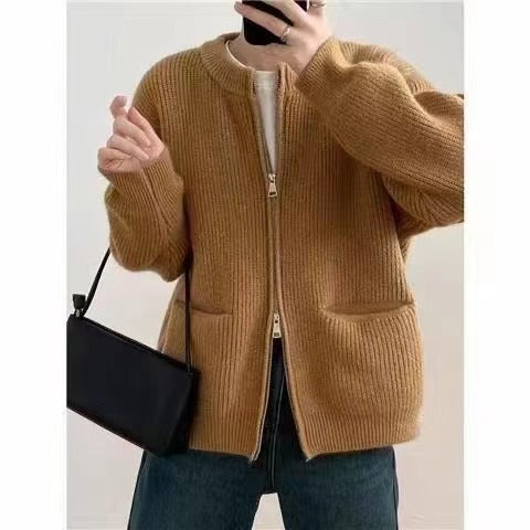 Damen lässige Strickjacke mit Reißverschluss und großen Taschen Drune