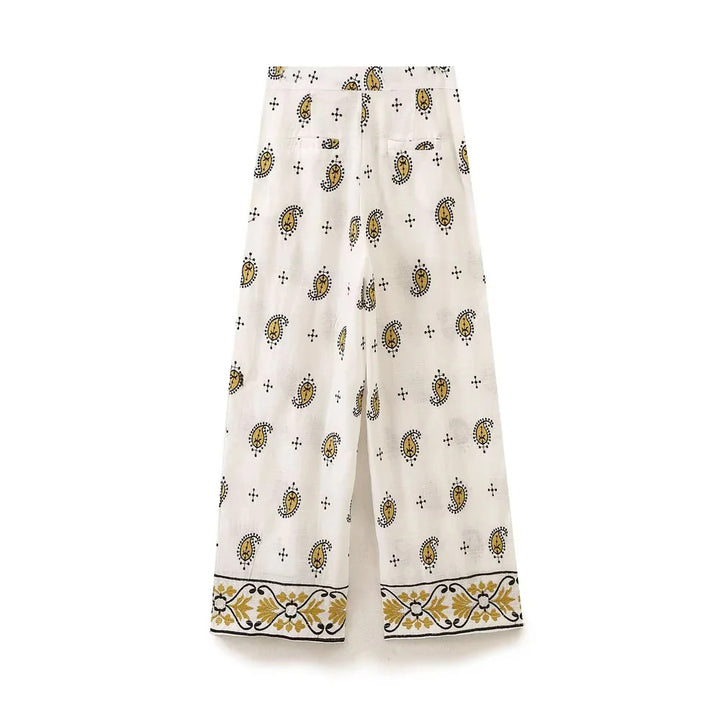 Damen nan weiter Leinenhose mit hohem Bund, Bordürstickerei und folklorem Paisley-Print Drune