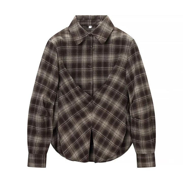 Damen nan überlappende Karo-Bluse mit V-Front, gekreuztem Saum und Manschetten Drune
