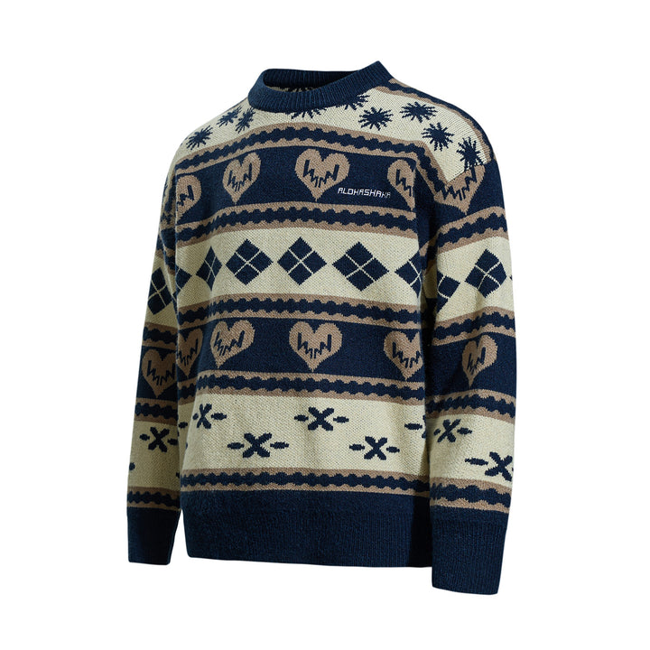 Herren Gemusterter Grobstrick-Pullover im Norwegerstil mit Rundhalsausschnitt Drune