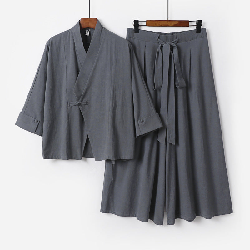 Damen Leichtes Kimono-Loungewear-Set mit V-Ausschnitt dreiviertelärmeln und weiten Palazzo-Hosen Drune