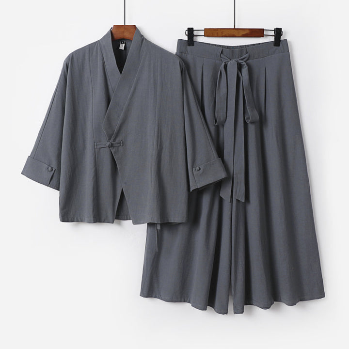 Damen Leichtes Kimono-Loungewear-Set mit V-Ausschnitt dreiviertelärmeln und weiten Palazzo-Hosen Drune