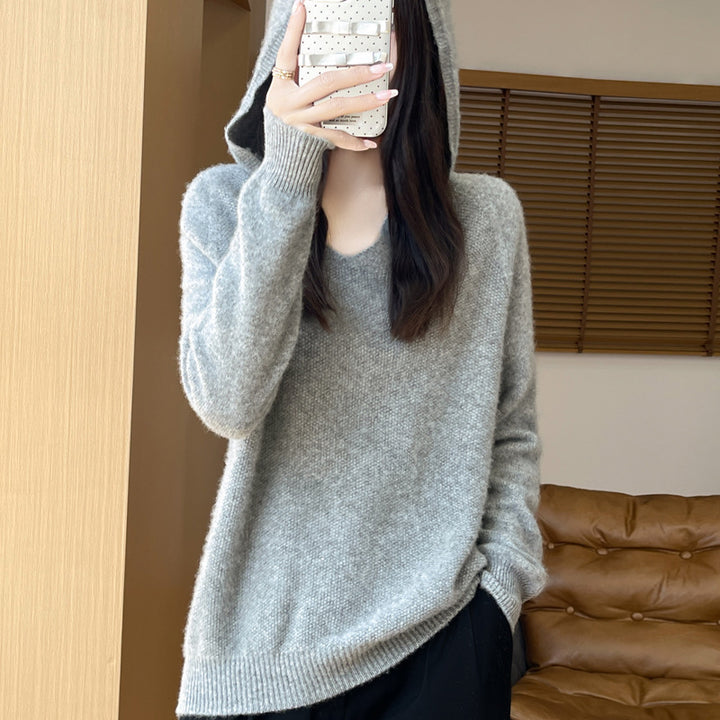 Damen Weicher Mohair‑Optik Kapuzenpullover mit V‑Ausschnitt und geripptem Saum Drune