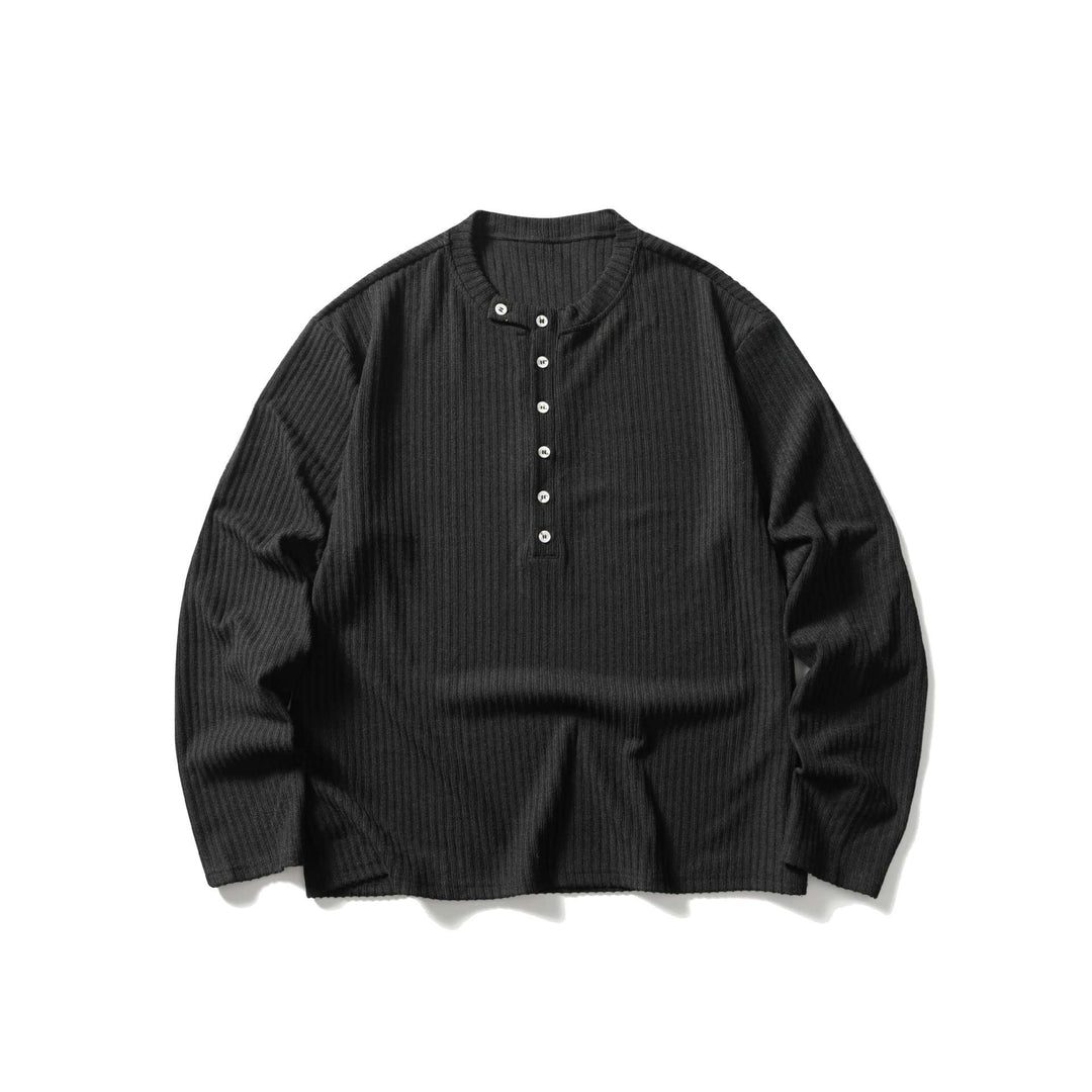 Unisex Gerippter Henley-Pullover mit Rundhals und durchgehender Knopfleiste Drune